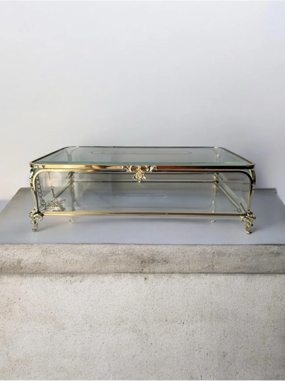 Glass Jewelry Display Box with Gold Frame vintage style